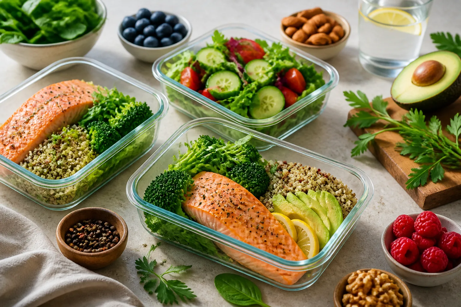 Colorful protein-rich meal prep for strength and skin-supportive wellness