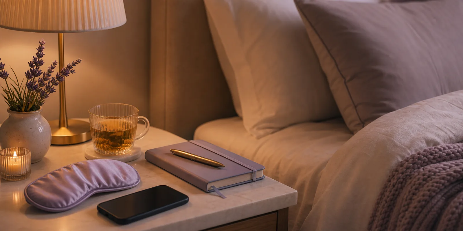 Warm evening sleep-support ritual with tea, journal and eye mask