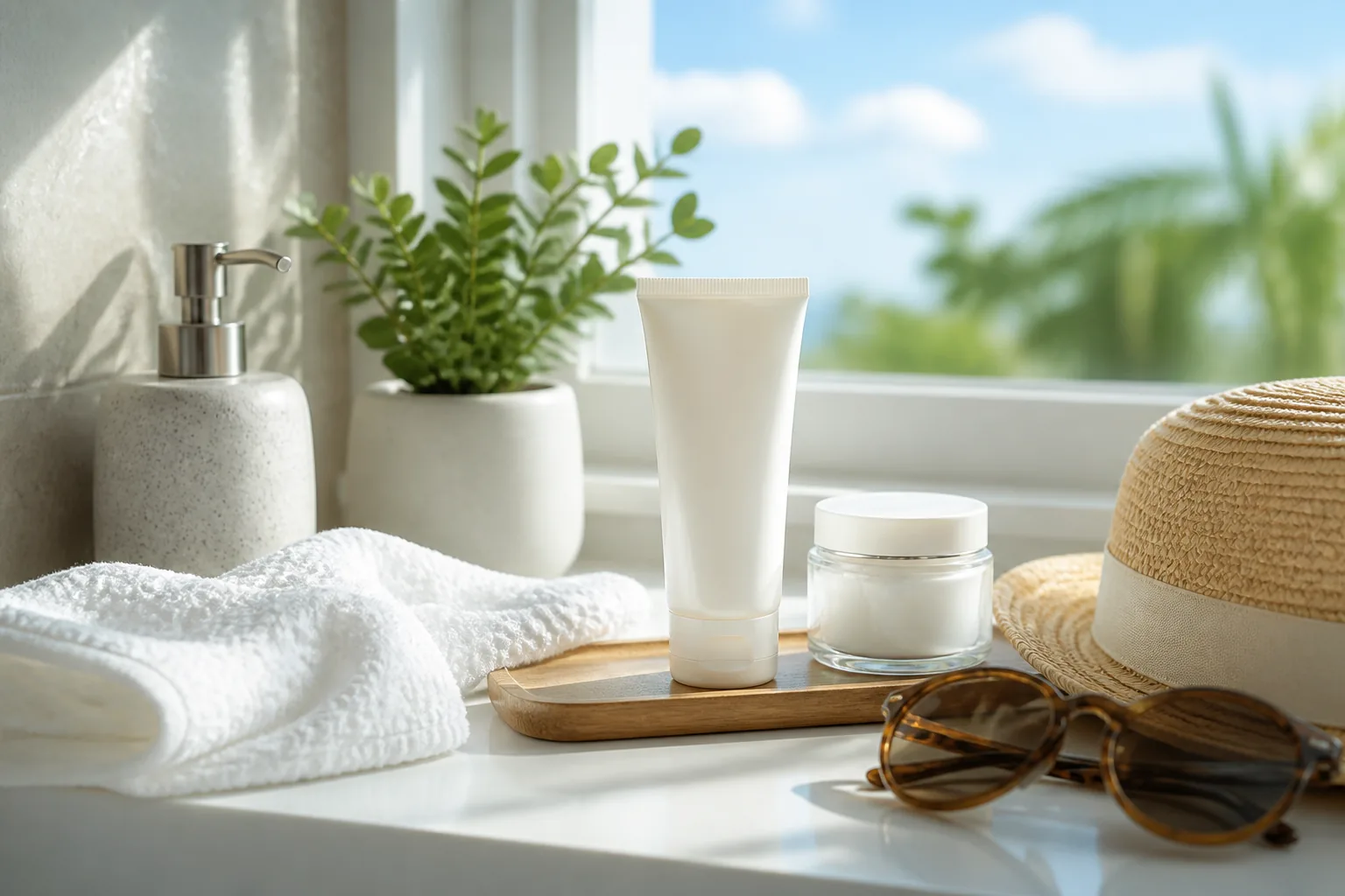 Daily sunscreen and outdoor skin protection routine on a bright bathroom shelf