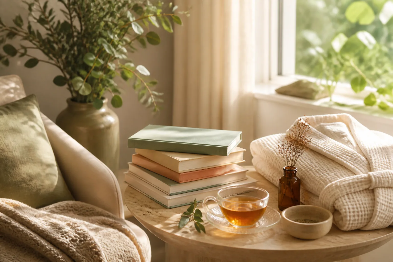 Quiet wellness reading corner with tea, books and spa textiles